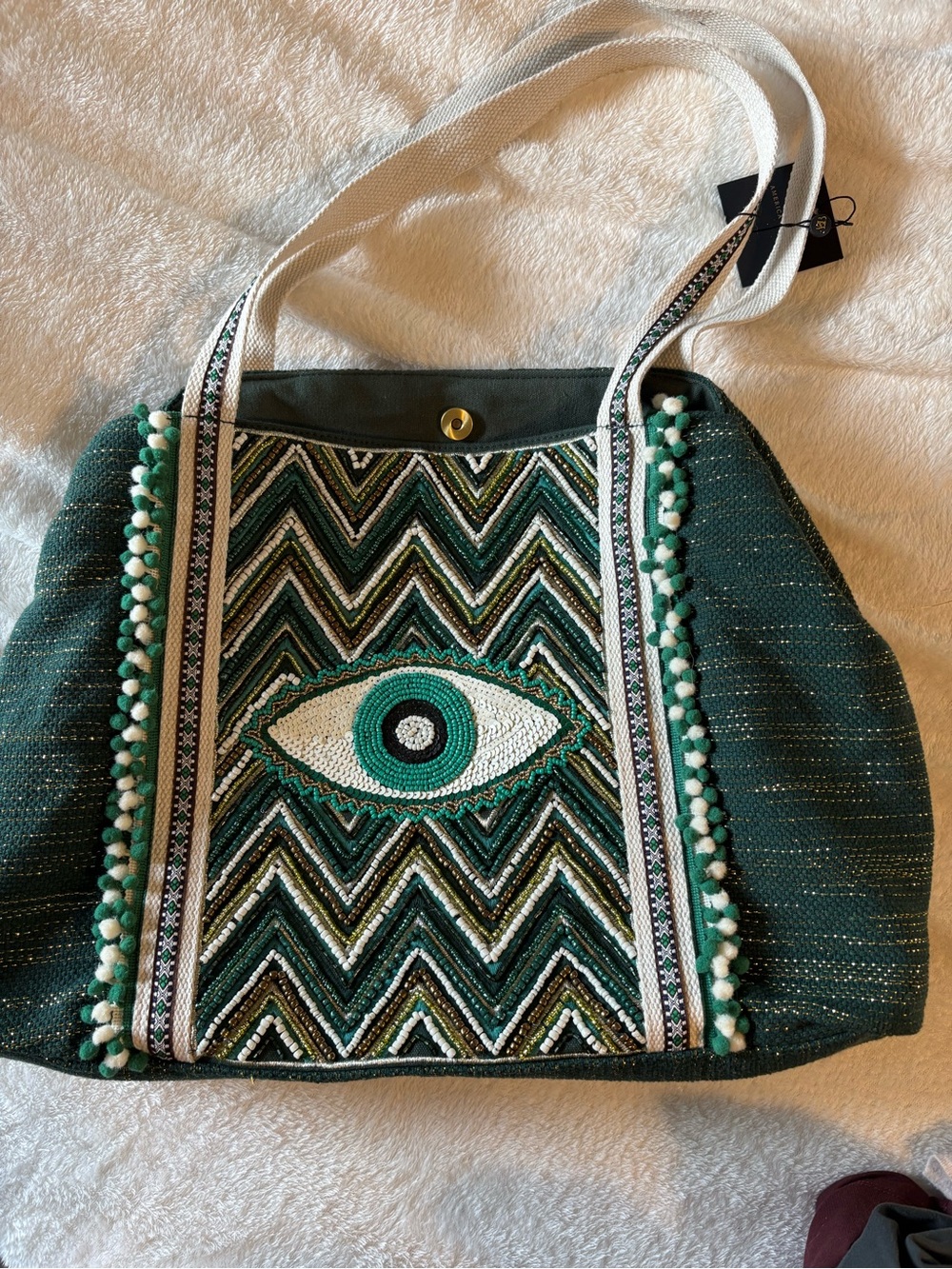 Boho Green Eye beaded Embroidered Tote Bag